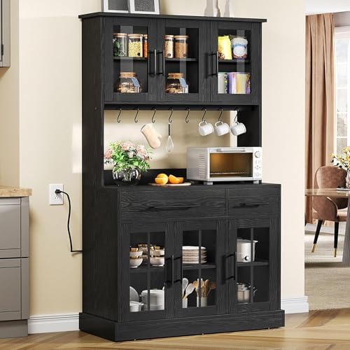 DWVO Kitchen Pantry Storage Cabinet with Microwave Stand, 71'' Tall Kitchen Hutch Cabinets with Power Outlet, Modern Food Pantry Hutch with Drawers ＆ Shelves for Home, Pack of 1, Black