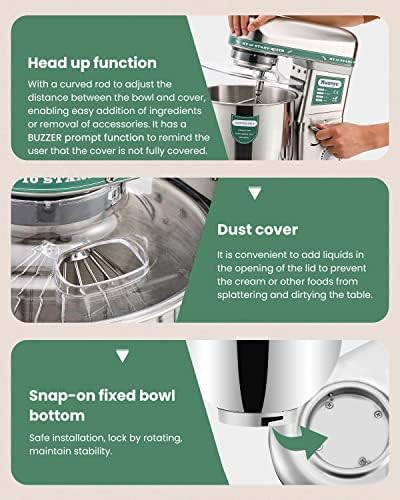 Huanyu 10QT Commercial Stand Mixer, 3-in-1 Stepless Speed Stainless Steel