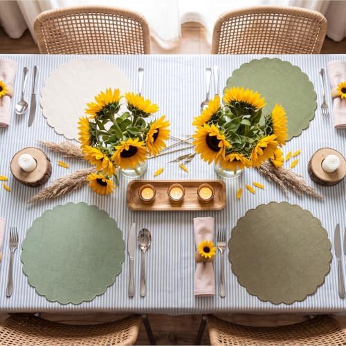 Set of 12 Green Cotton Placemats 15" Round Scalloped