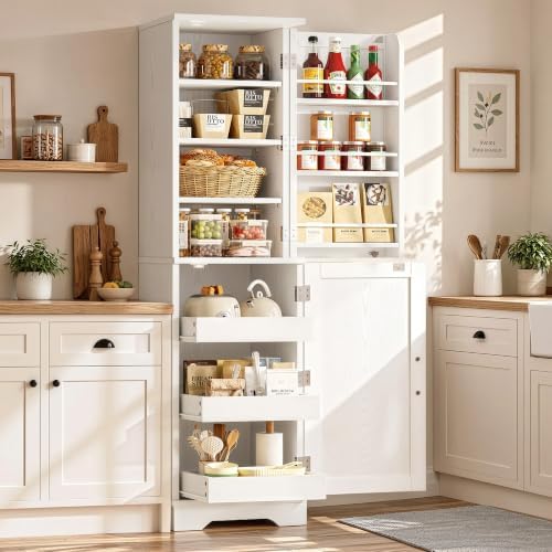 IRONCK Tall Pantry Cabinet, Narrow Kitchen Storage Cabinet with Drawers