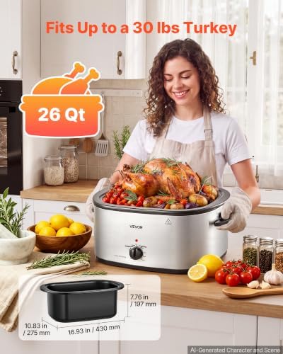 VEVOR Electric Roaster Oven, 26 Qt 1450W, Turkey Roasting Pan, Viewing Lid