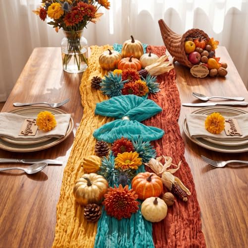 6 Pcs Fall Terracotta and Teal Cheesecloth Table Runner 118"