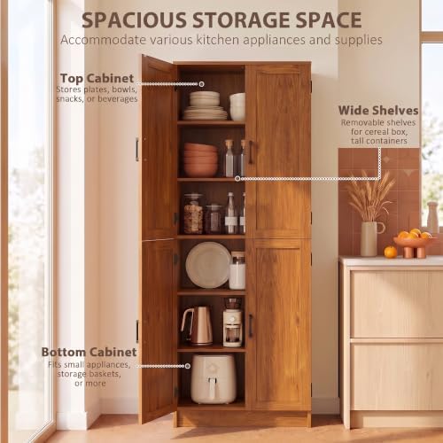 HOMCOM 67" Freestanding Kitchen Pantry 4-Door Cabinet Distressed Teak