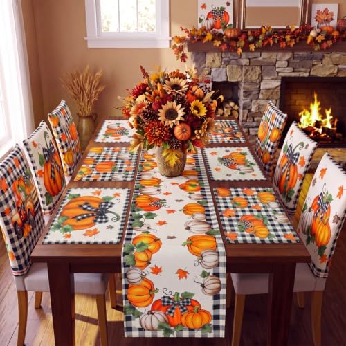 Newtay 13 Pcs Fall Pumpkin Table Runner Placemat and Dining Chair Cover Set