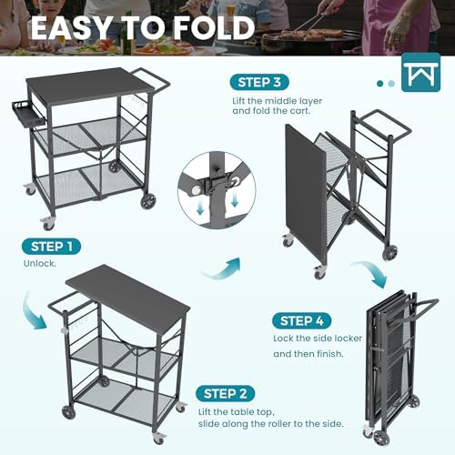 Ciokea Folding Outdoor Grill Cart with Wheels, All Black