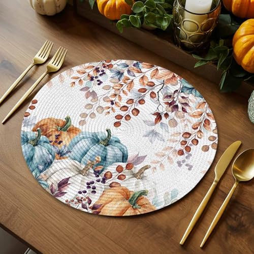 Fall Round Placemats Set of 6 Thanksgiving Teal Blue Pumpkin Place Mats Washable Woven Placemat Autumn Eucalyptus Leaves Circle Braided Table Mat for Kitchen Dining Table Holiday Party Decor 15 Inch