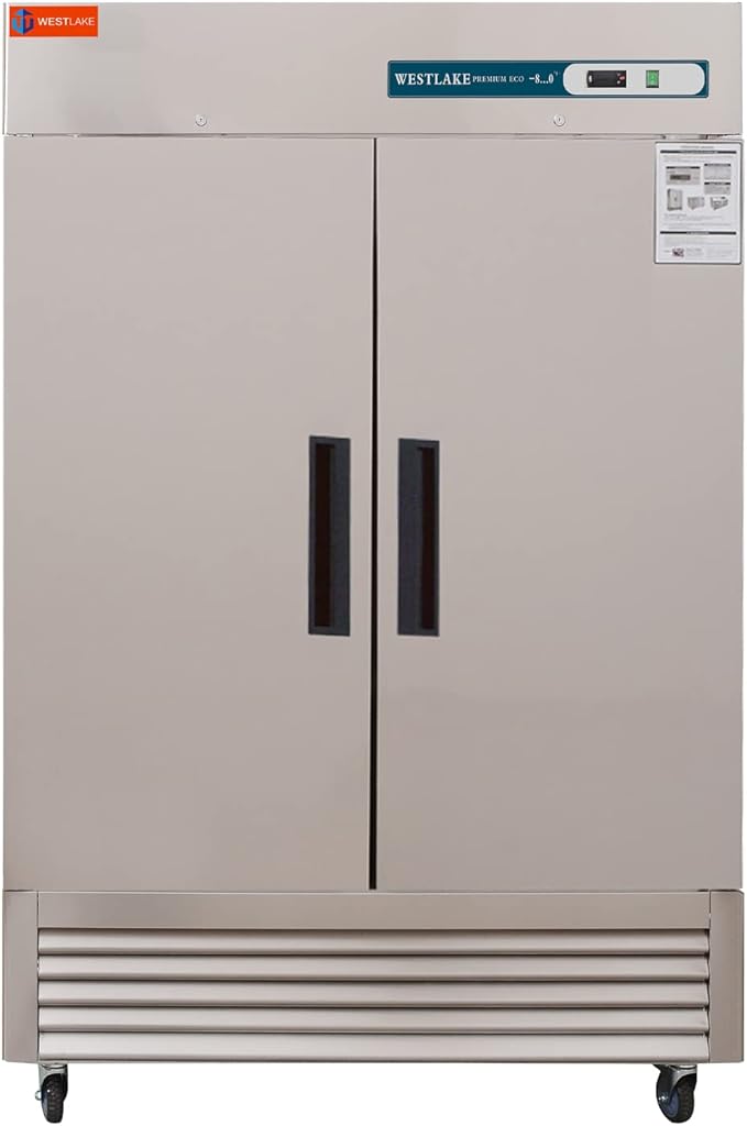 WESTLAKE 54"W Commercial Freezer 49 Cu.ft Stainless Steel Reach-in Solid Door Upright Fan Cooling 2 Door 2 Section Freezer for Restaurant, Bar, Shop, etc
