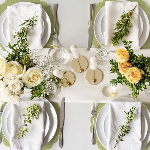 Set of 6 Cotton Linen Placemats, 15" Scalloped Flower Embroidery Cloth Table Mats Double Layered Fabric Machine Washable Wrinkle Free Dining Placemat for Hotel Restaurant Kitchen, Green