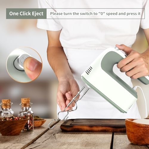 Yomelo 9-Speed Digital Hand Mixer Electric, 400W Powerful DC Motor, Hand Mixer Electric Handheld with Snap-On Storage Case, 5 Stainless Steel Accessories, Beaters, Dough Hooks, Whisk(Light Green)