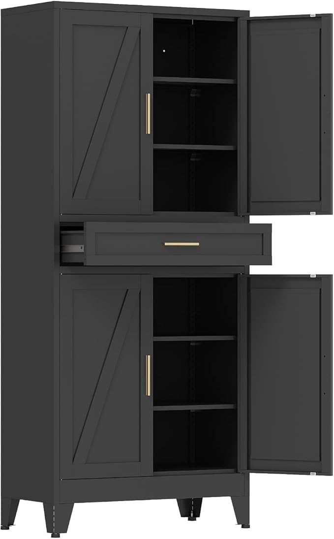 COFaR 71'' Tall Metal Pantry Cabinet with Drawer, Kitchen Storage Cabinet with 4 Doors and Shelves, Freestanding Farmhouse Food Cupboard for Kitchen Dinning Room Garage, Black 6-Tier