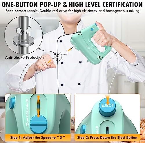 GUALIU Electric Hand Mixer, 304*(2* Beaters, 2* Dough Hooks), (1* Storage Bag) Handheld Mixer for Baking Cakes, Eggs, Cream Food Mixers, Turbo Boost /5 Speed Kitchen Blender GREEN