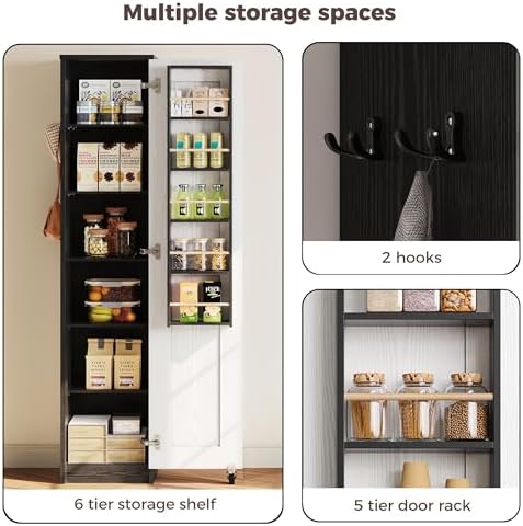 IRONCK Narrow Kitchen Pantry Cabinet 72" H for Small Place, White and Black