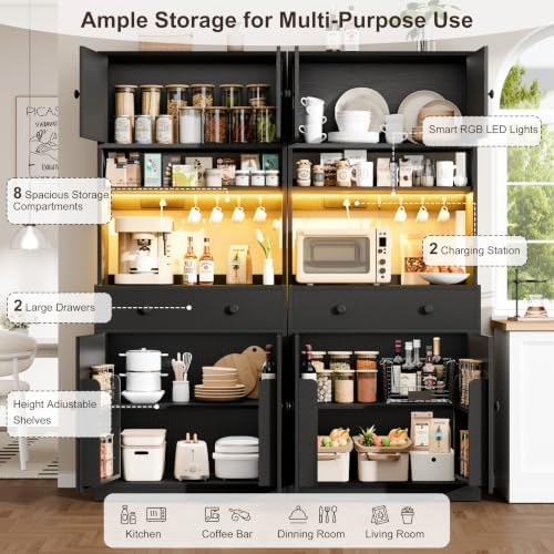 71" Tall Kitchen Pantry Cabinet with Microwave Countertop, LED Lights Black
