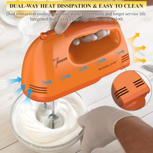 BAIGELONG Hand Mixer. 7-Speed Adjustable Kitchen Electric Mixer. With 5 Stainless Steel Attachments: 2 Hooks, 2 Beaters, 1 Whisk. Comes 1 Storage Box. Perfect for Bakers and New Starters, Orange