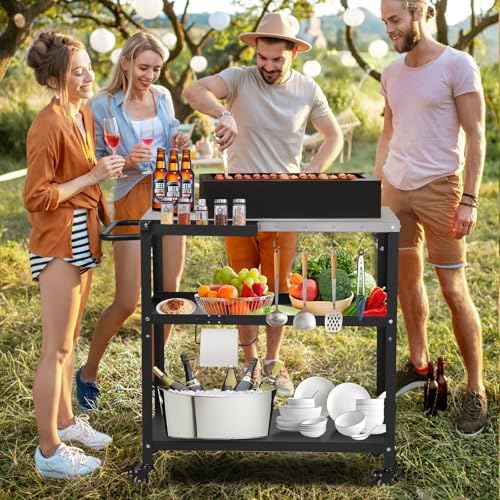 Outdoor Grill Cart Table, Pizza Oven Stand with Casters, Silver