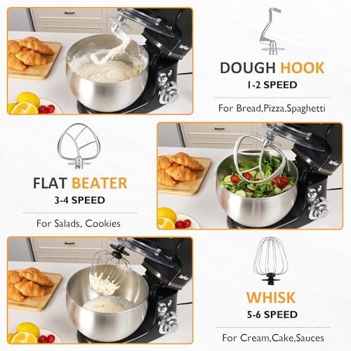 6-IN-1 Electric Stand Mixer with 6.5QT Bowl, Multifuctional Kitchen Mixer with Dough Hook, Whisk & Beater, 3-in-1 Food Processor & Meat Grinder Attachment, For Baking, Bread, Pasta, Cookies