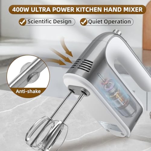 Hand Mixer Blender with Turbocharged 5-speed, One Click Release, 400W Copper Motor -5 Stainless Steel Accessories -110V Blender, Used for Baking, Beating Eggs, and Dough