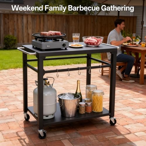 KEIKI 2-Tier Outdoor Grill Cart Table with 4 Wheels, Tool Hooks, Movable BBQ Cooking Prep Table, Pizza Oven Table, Serving Bar Cart for Backyard, Indoor, Outside, Kitchen, Stainless Steel