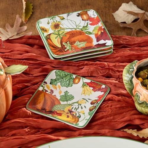 Harvest Fields 6” Ceramic Canapé Plates – Set of 4 Farmhouse Appetizer & Dessert Plates with Autumn Pumpkin Designs – Perfect for Snacks, Cheese, Hors d’Oeuvres & Thanksgiving Entertaining