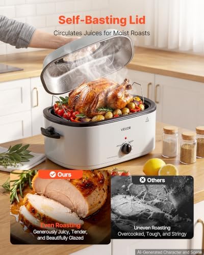 VEVOR Electric Roaster Oven, 22 Qt, Turkey Roasting Pan, White, Viewing Lid