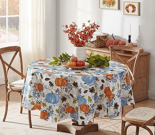 Newbridge Thanksgiving Blue Pumpkin 70 Inch Round Vinyl Tablecloth