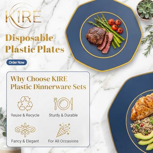 KIRE 140Pcs Blue Plastic Plates with Gold Rim - Navy Blue Plates for Party