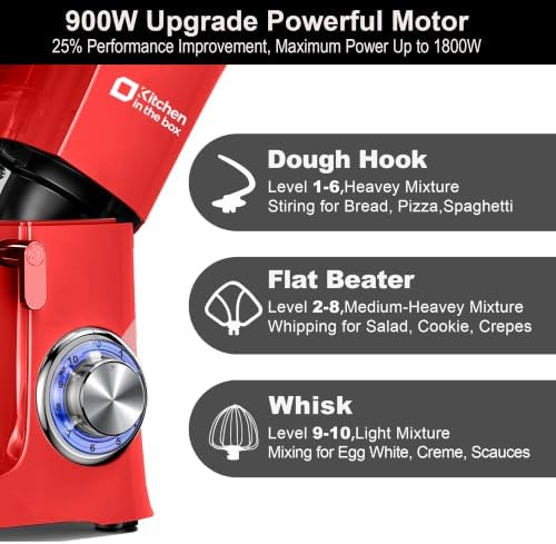 Kitchen in the box Stand Mixer 8.5 QT, 900W Heavy Dough Mixer Red