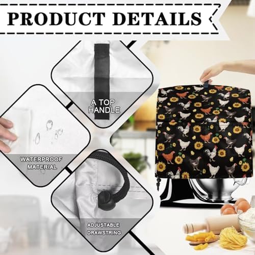 Stand Mixer Cover Dust Covers for 4.5qt-5qt Rooster with Sunflower Dustproof Cover Protector Compatible with 4.5-5 Quart Kitchen Aid Mixer