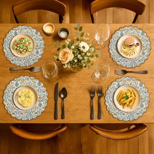 Ridhi Floral Block Print Round Placemats 15 in, Set of 4, Goldenrod Yellow