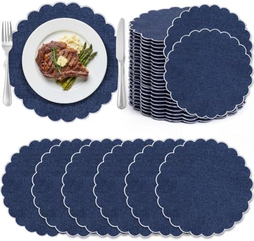 Set of 36 Navy Blue Cotton Placemats 15" Round Scalloped White