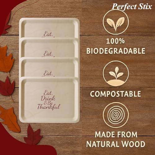 Perfect Stix 10-Inch Wooden Plates with “Eat Drink & Be Thankful” Printed in Burgundy – Eco-Friendly Disposable Dinner Plates – Fall Tableware for Thanksgiving & Friendsgiving Parties – Pack of 25