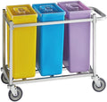 30 Gallon Mobile Triple Ingredient Storage Bin, Yellow/Blue/Purple, Polyethylene Construction, 480 Cup Capacity, with Cart and Clear Lids, 36.5x17x29 Inches