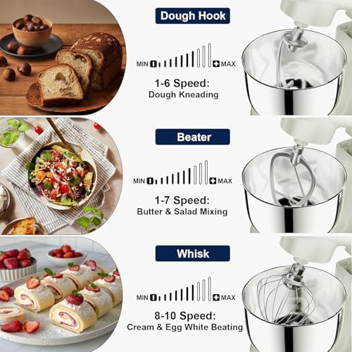 Camic Stand Mixer, 4.2QT+5.3QT Two bowls Electric Mixer,White