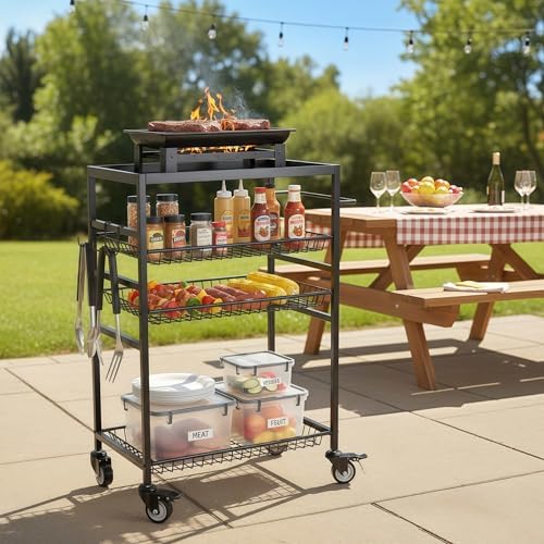 HOSY 4-Tier Rolling Grill Cart with Handle, Heavy-Duty Barbecue Workbench