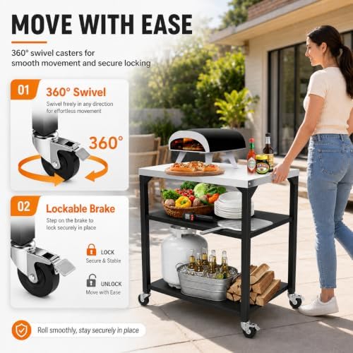 Hisencn 3-Tier Pizza Oven Table, Stainless Steel Outdoor Grill Prep Cart