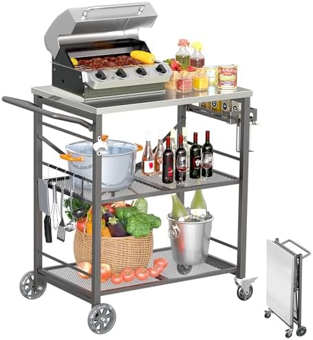 Ciokea Folding Outdoor Grill Cart with Wheels, 3-Shelf Grill Table with 27x18IN Stainless Steel Top, Rolling Pizza Oven Stand, Metal Portable Cart for BBQ Patio Camping (Grey)