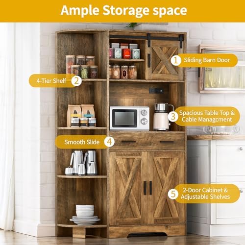 DWVO 67.3" Farmhouse Pantry with Power Outlet & Barn Door, Rustic Brown
