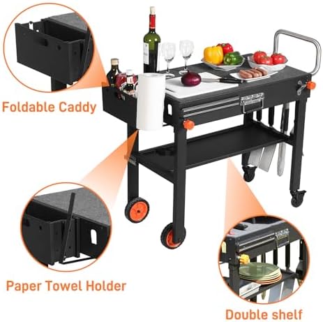 Outdoor Portable Grill Table Stand - Folding Prep Stand for 17" or 22" Blackstone Griddle, Large Space Blackstone Table with Wheels, Pizza Oven Cart for Ninja, Patio Grilling Backyard BBQ Grill Cart.