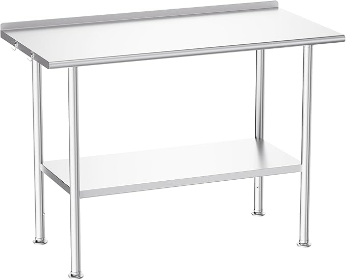 All-Stainless Steel Prep Table, 24 X 48 Inch, with Rounded-Corner Backsplash and Adjustable Undershelf, Heavy-Duty for Outdoor Use,Restaurants,Hotels,Workshops,Kitchens,Gardens, and Garages