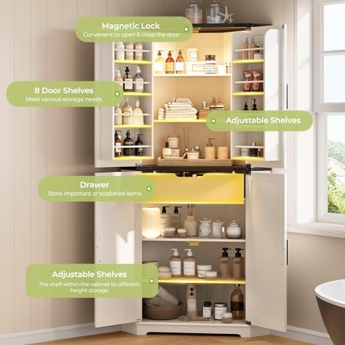 Dripex Tall Kitchen Pantry Cabinet with LED Light, 71" Corner Pantry White