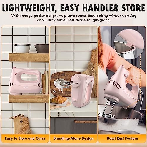GUALIU Electric Hand Mixer, 304*(2* Beaters, 2* Dough Hooks), (1* Storage Bag) Handheld Mixer for Baking Cakes, Eggs, Cream Food Mixers, Turbo Boost /5 Speed Kitchen Blender PINK