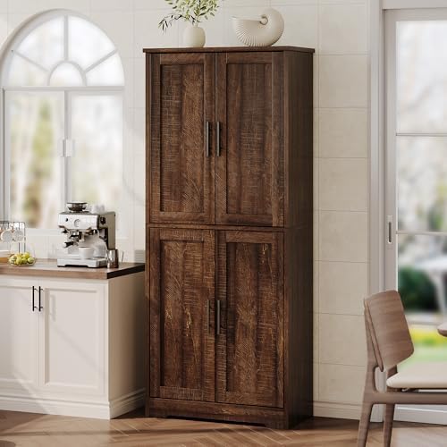 70" Kitchen Pantry Storage Cabinet, Freestanding Buffet Cabinet with Microwave Stand & 4 Door Shelves, Kitchen Hutch with Doors, Adjustable Shelves and Wine Rack, Brown.