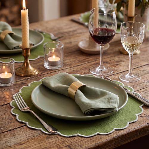 Set of 12 Olive Green Cotton Placemats 15" Round Scalloped White