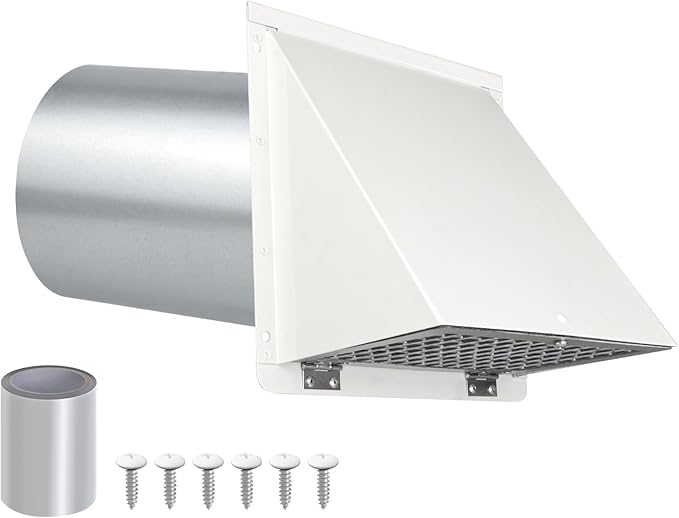 4 Inch Dryer Vent Cover Outside,Dryer Vent Cover Outdoor Exterior Vent Cover Wall Vent Dryer Exhaust Vent Cover Cap,Hooded Wall Vent with Screen & Damper for Dryer Duct AC HVAC,Galvanized Steel,White