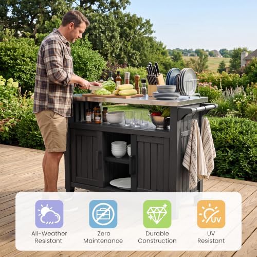 Bifanuo Outdoor Grill Table Grill Cart with Stainless Steel Top & Storage Cabinet for Food Prep and Storage, Portable and Durable with Wheels (Standard Black)