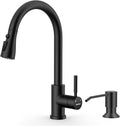 WEWE Kitchen Faucet with Pull Down Sprayer and Soap Dispenser, Stainless Steel Kitchen Sink Faucets, 3-Mode High Arc Single Handle Faucet for RV Farmhouse, Matte Black