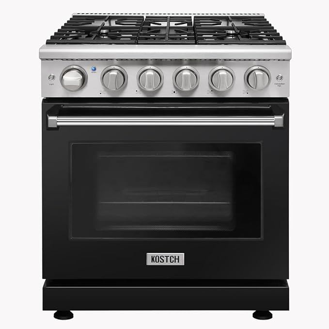 KOSTCH 30 inch Professional Freestanding Pro-Style Natural Gas Range or Liquid Propane Gas Range with 5 Burners, 4.55 cu.ft. Oven Capacity, in Stainless Steel - KOS-30RG03M (Black)