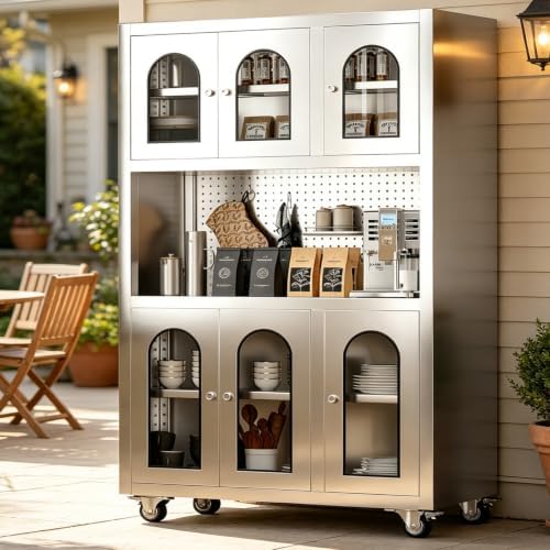 Stainless Steel Kitchen Pantry Cabinet with Pegboard and Adjustable Shelves