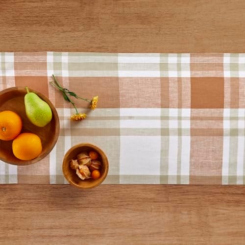 Solino Home 100% Pure Linen Table Runner Fall Harvest Plaid, 14 x 48 in