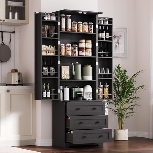 IDEALHOUSE Farmhouse Kitchen Pantry Cabinet - 72" Tall Large Wood Kitchen Storage Cabinets with Adjustable Shelves & 2 Barn Doors & 3 Drawer, Versatile Storage for Dining Room, Bathroom, Living Room
